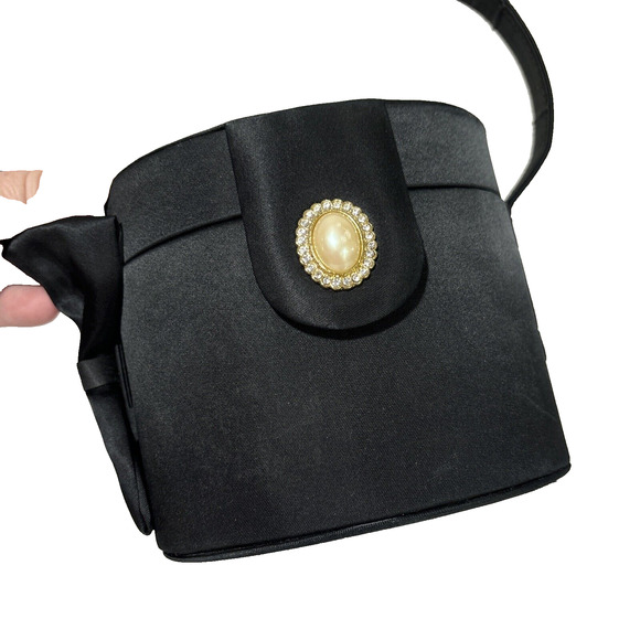 Carla Marchi Black Satin Evening Bag Top Handle Hard Case Purse Bow Rhinestones - Picture 2 of 10